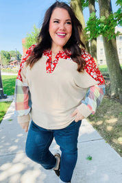 Beige and red plaid floral blouse with denim jeans