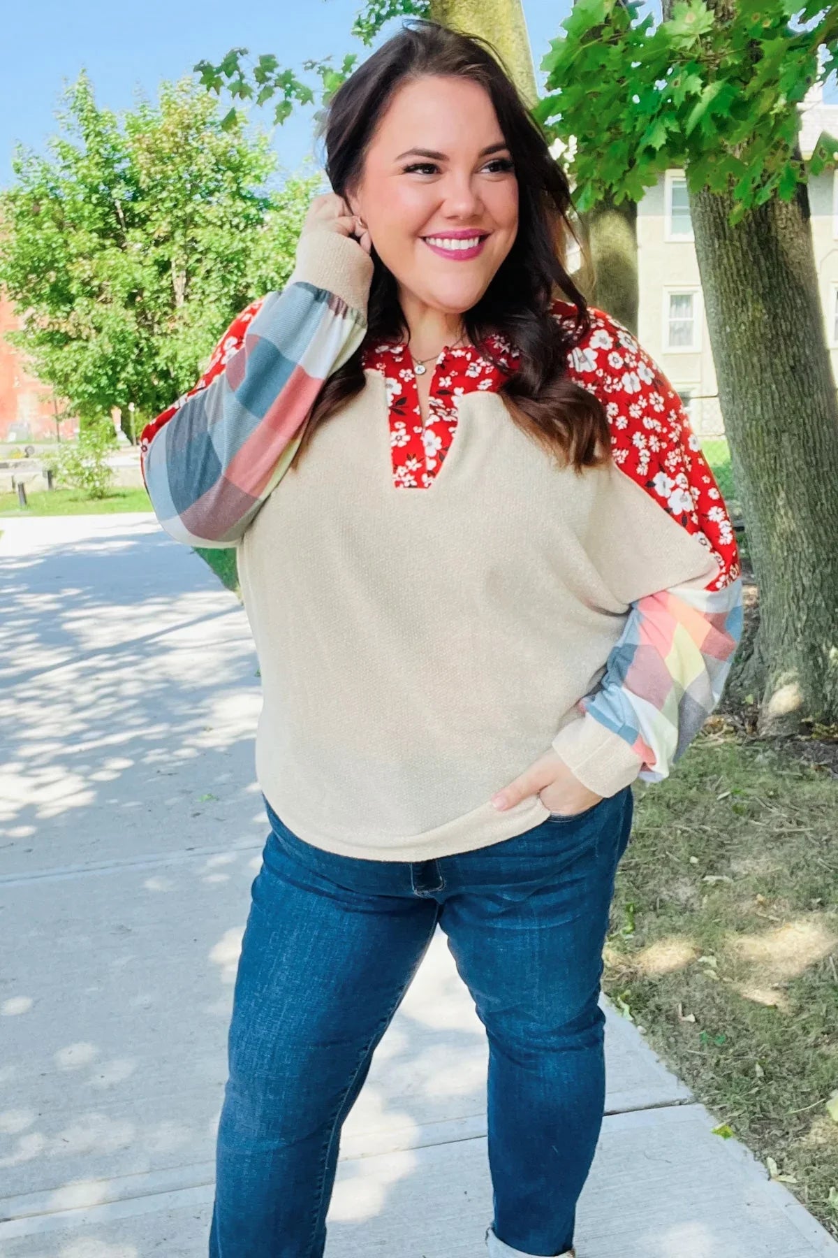 Cream and red floral plus size oatmeal plaid top with striped sleeves