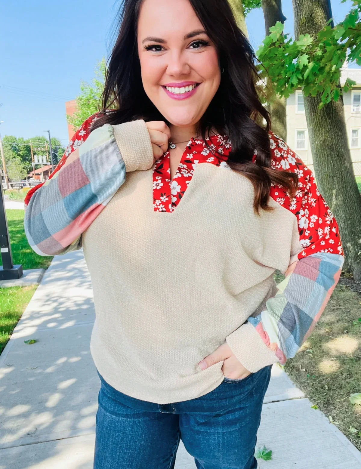 Feeling Femme Oatmeal Plaid Floral Color Block Notch Neck Top | Daverri Fashions