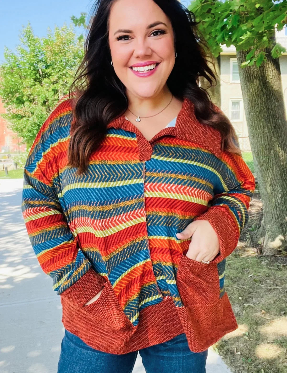 Casual Living Rust & Teal Striped Two Tone Knit Pocketed Top | 2024 Blow-Out Sale Daverri Fashions