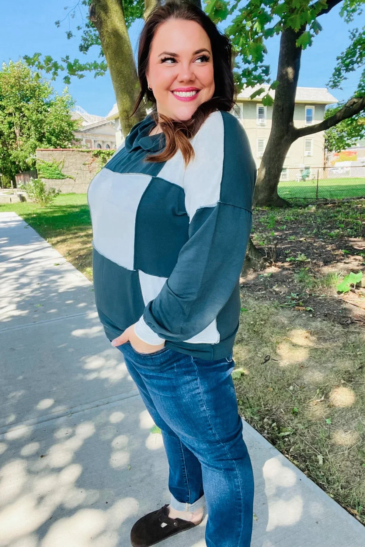 Adorable In Hunter Green Color Block Check Print Terry Hoodie | Daverri Fashions