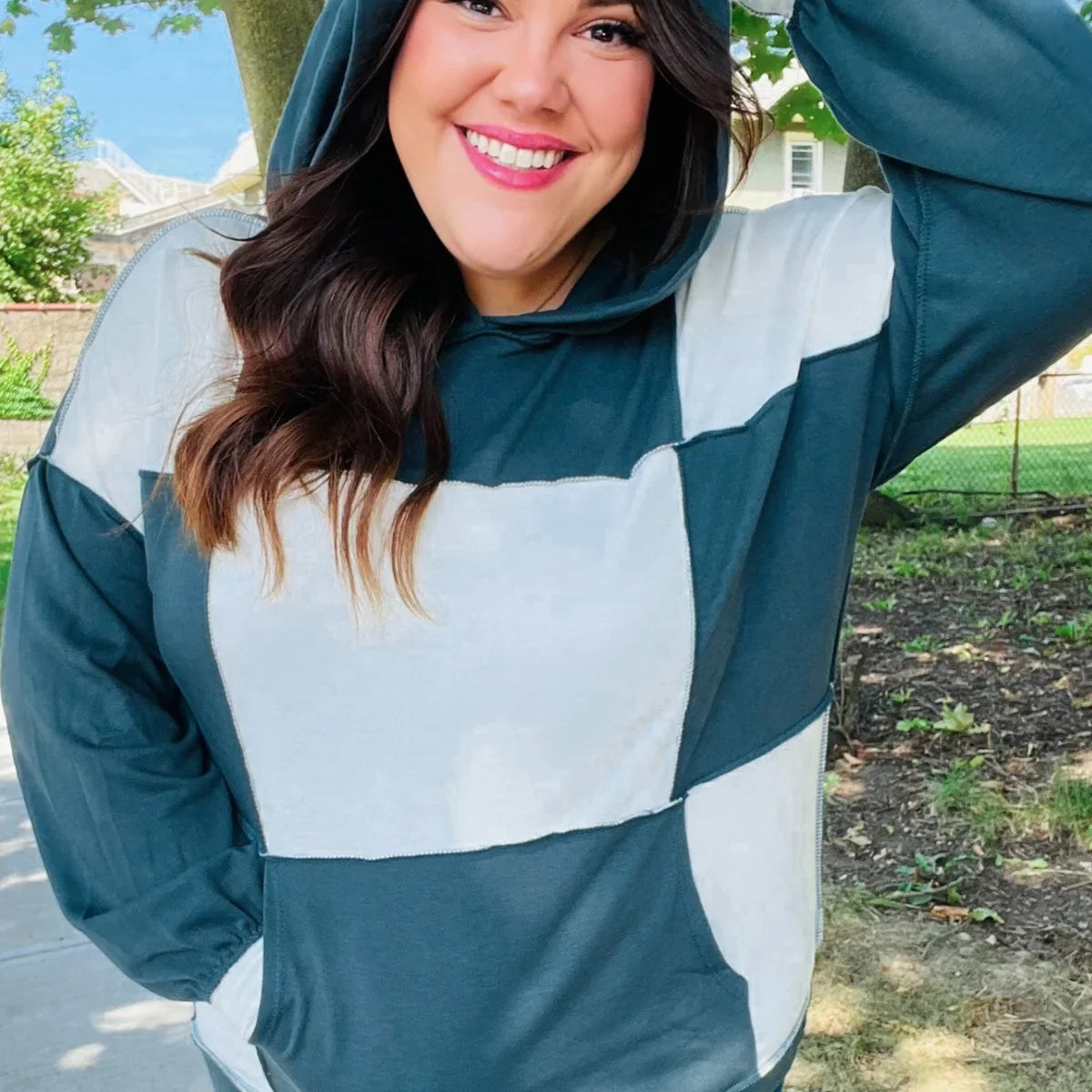 Adorable hunter green color block check print terry hoodie