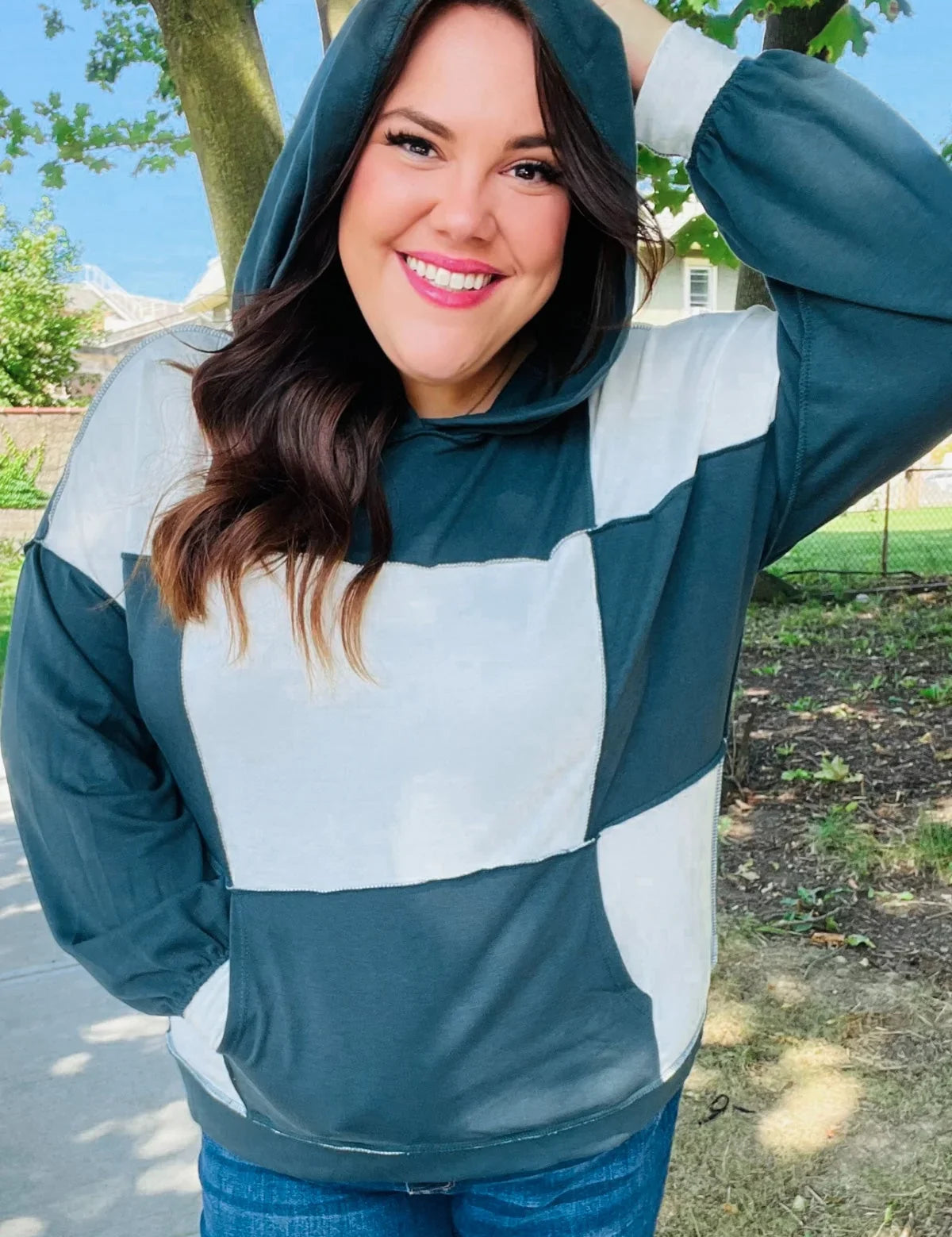 Adorable In Hunter Green Color Block Check Print Terry Hoodie | Daverri Fashions