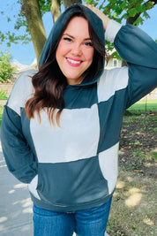 Adorable In Hunter Green Color Block Check Print Terry Hoodie | Daverri Fashions