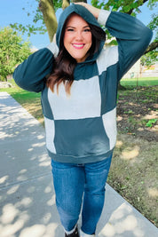 Adorable In Hunter Green Color Block Check Print Terry Hoodie | Daverri Fashions