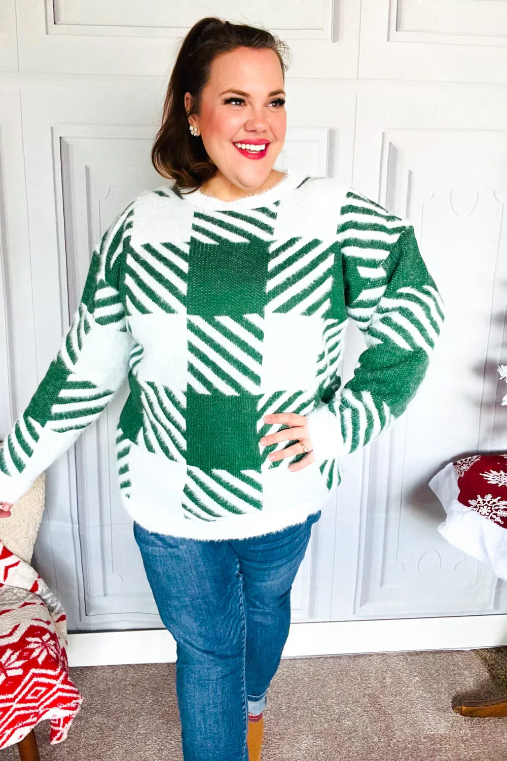 Under The Christmas Tree Green Plaid Soft Brushed Hairy Sweater | 2024 Blow-Out Sale Daverri Fashions