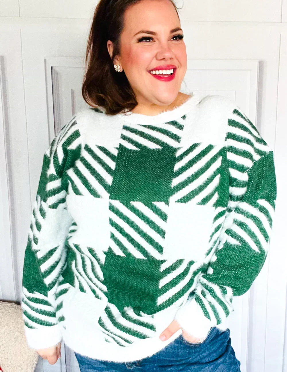 Under The Christmas Tree Green Plaid Soft Brushed Hairy Sweater | 2024 Blow-Out Sale Daverri Fashions