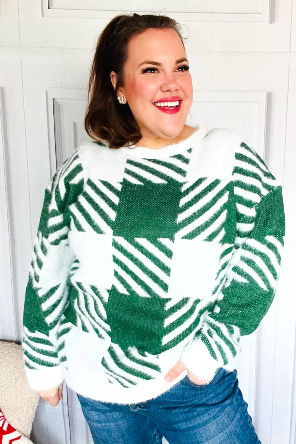Under The Christmas Tree Green Plaid Soft Brushed Hairy Sweater | 2024 Blow-Out Sale Daverri Fashions