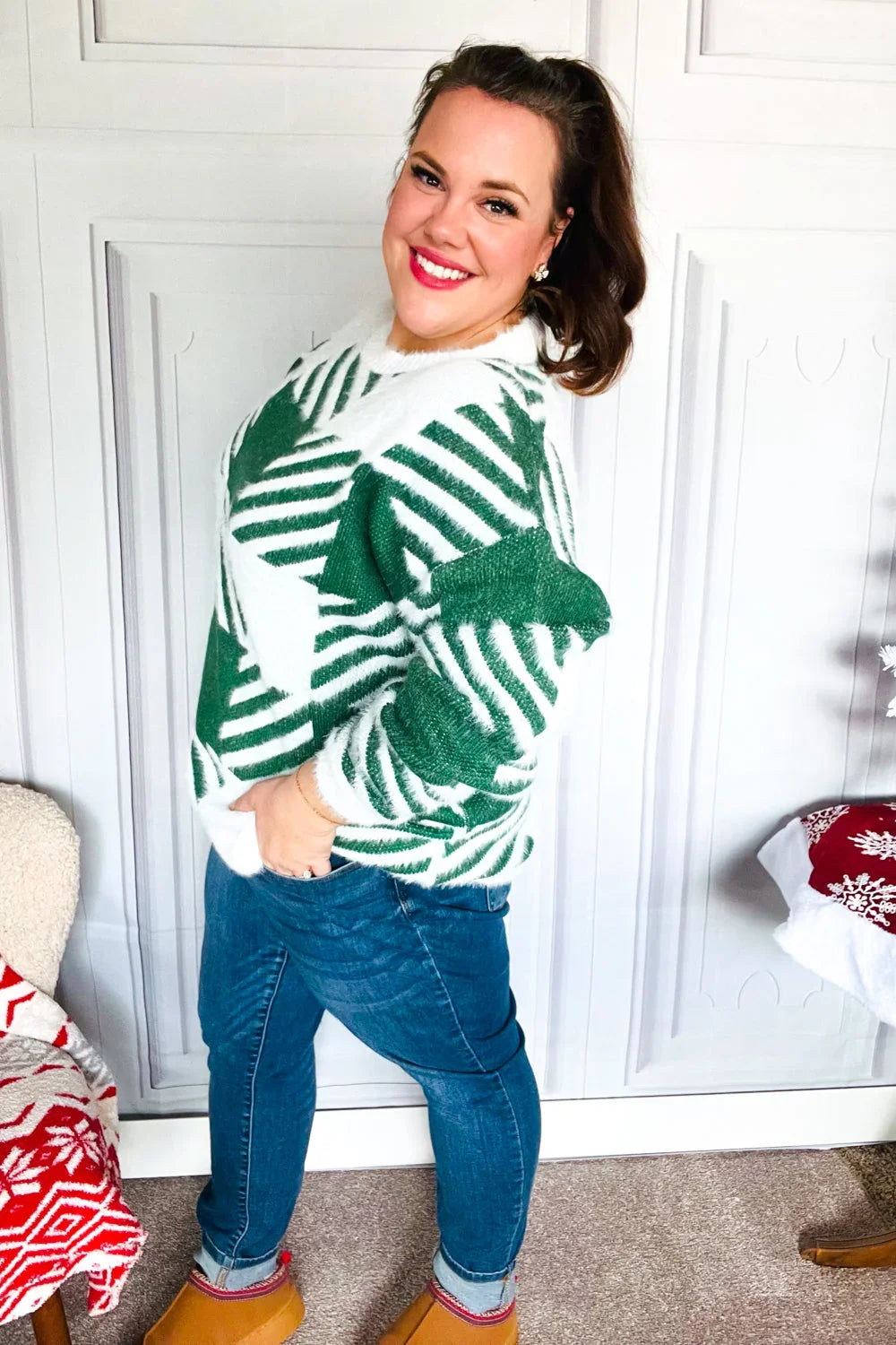 Under The Christmas Tree Green Plaid Soft Brushed Hairy Sweater | 2024 Blow-Out Sale Daverri Fashions
