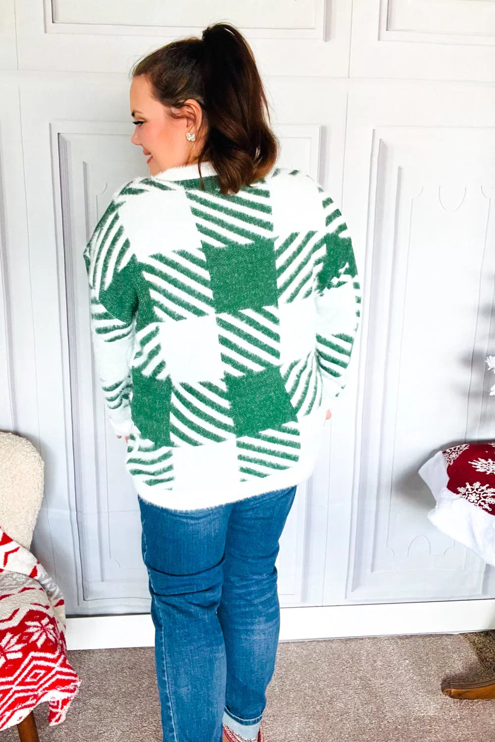 Under The Christmas Tree Green Plaid Soft Brushed Hairy Sweater | 2024 Blow-Out Sale Daverri Fashions
