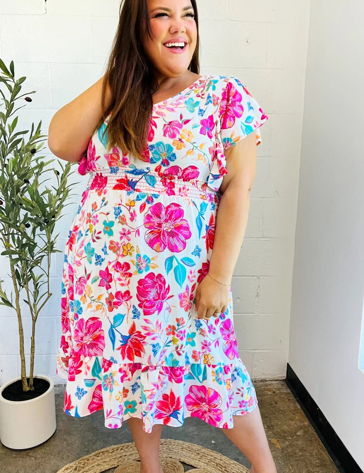 Hello Beautiful Ivory & Fuchsia Floral Sequin Smock Waist Midi Dress | Daverri Fashions