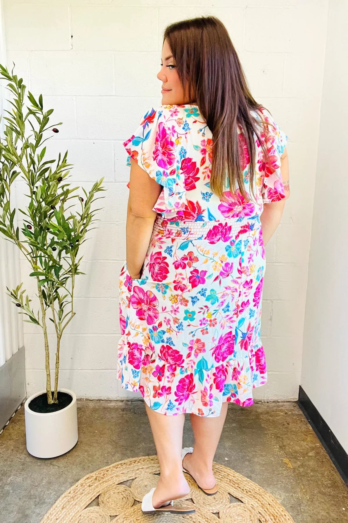 Hello Beautiful Ivory & Fuchsia Floral Sequin Smock Waist Midi Dress | Daverri Fashions