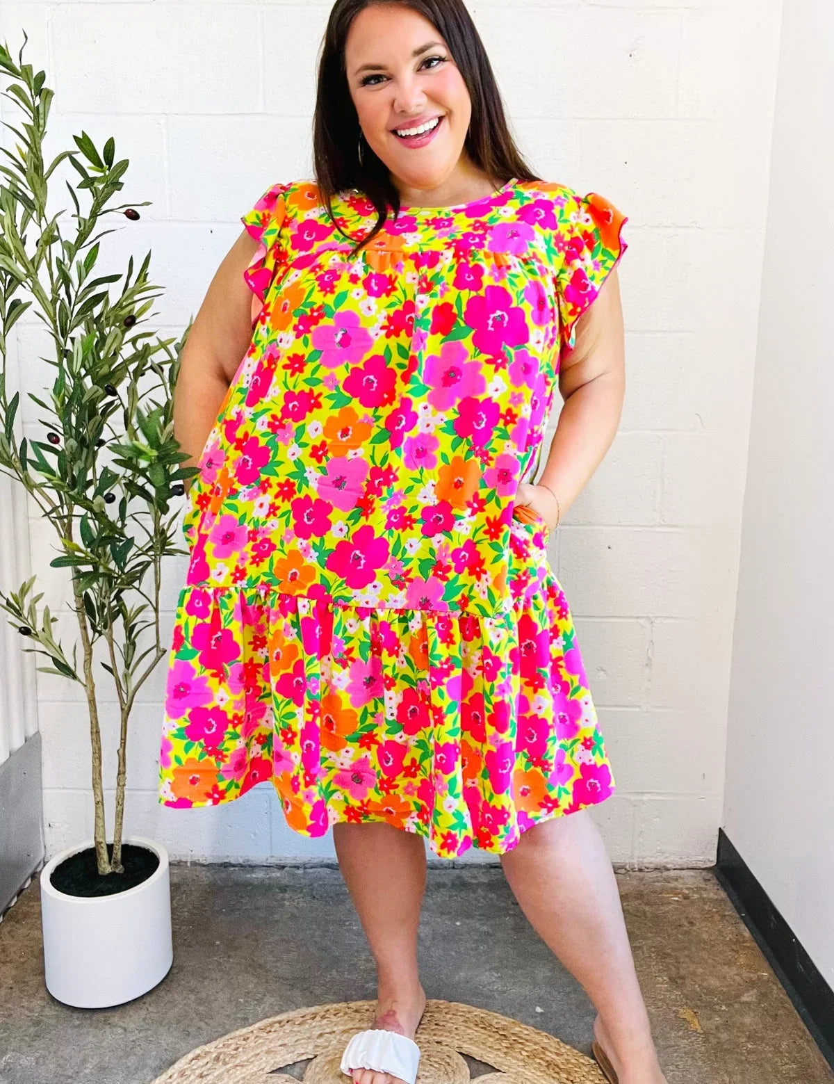 Be Charming Lime & Pink Floral Print Tiered Ruffle Sleeve Dress | 2024 Summer Blow Out Sale Daverri Fashions