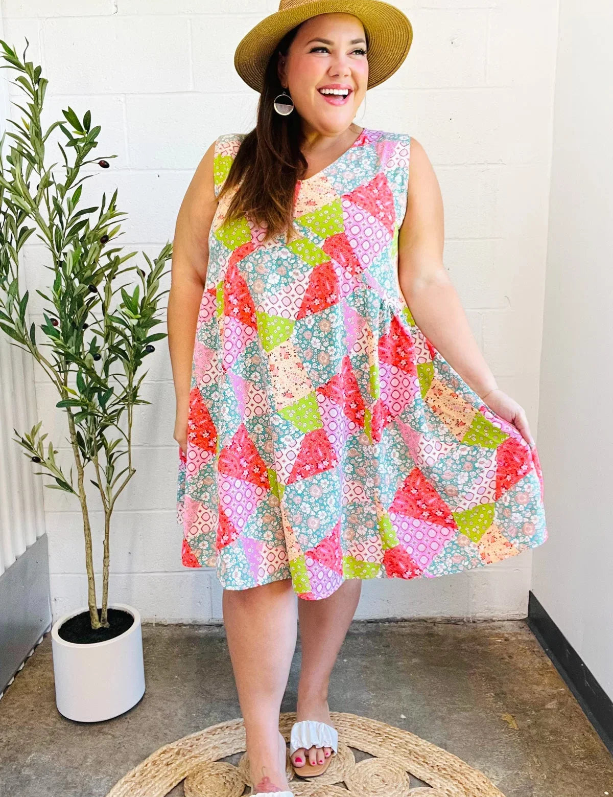 Hello Beautiful Peach & Sage Patchwork Babydoll Swing Dress | Daverri Fashions