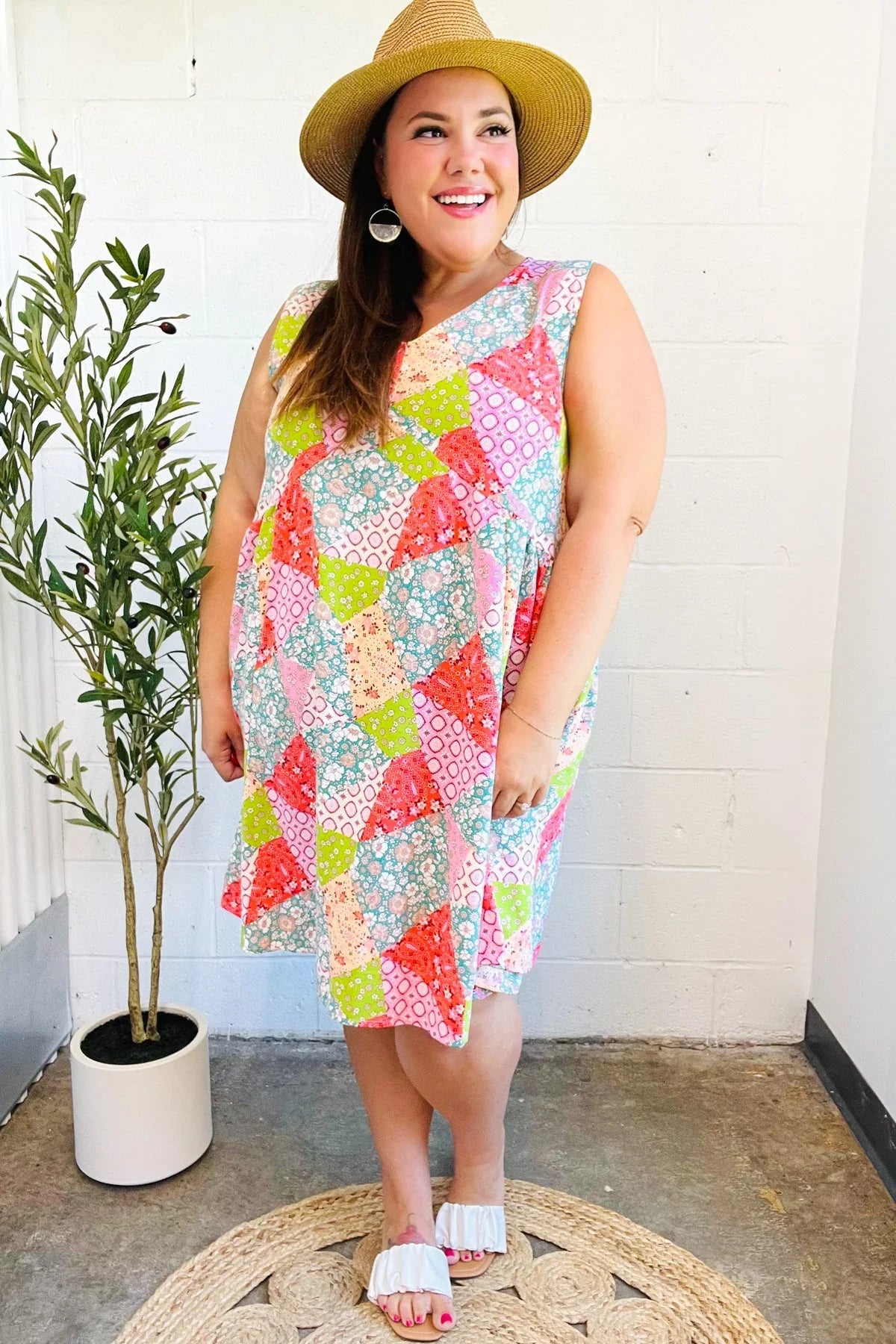 Hello Beautiful Peach & Sage Patchwork Babydoll Swing Dress | Daverri Fashions