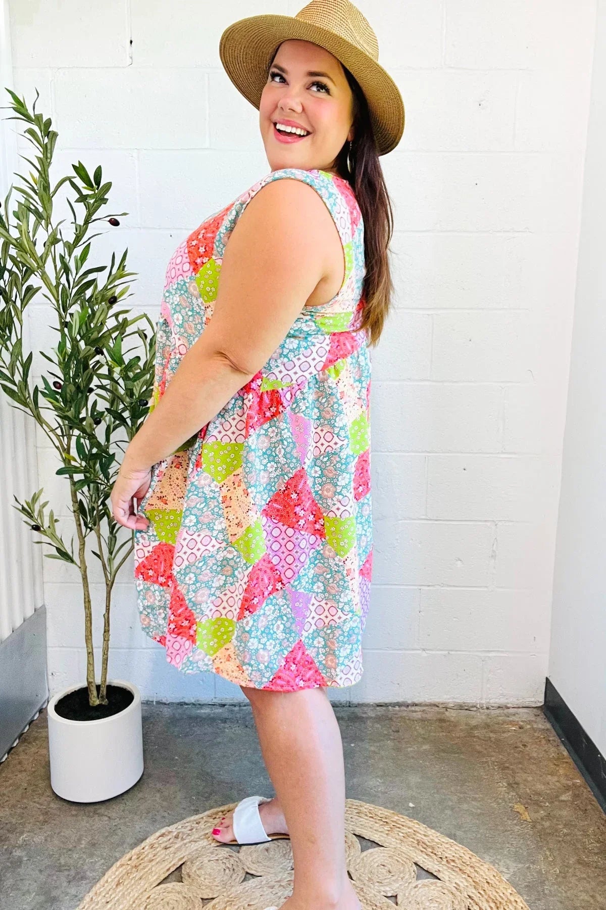 Hello Beautiful Peach & Sage Patchwork Babydoll Swing Dress | Daverri Fashions