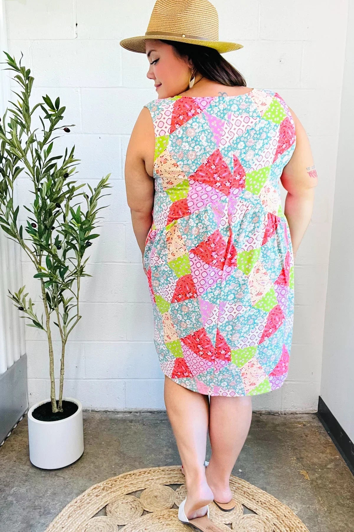 Hello Beautiful Peach & Sage Patchwork Babydoll Swing Dress | Daverri Fashions