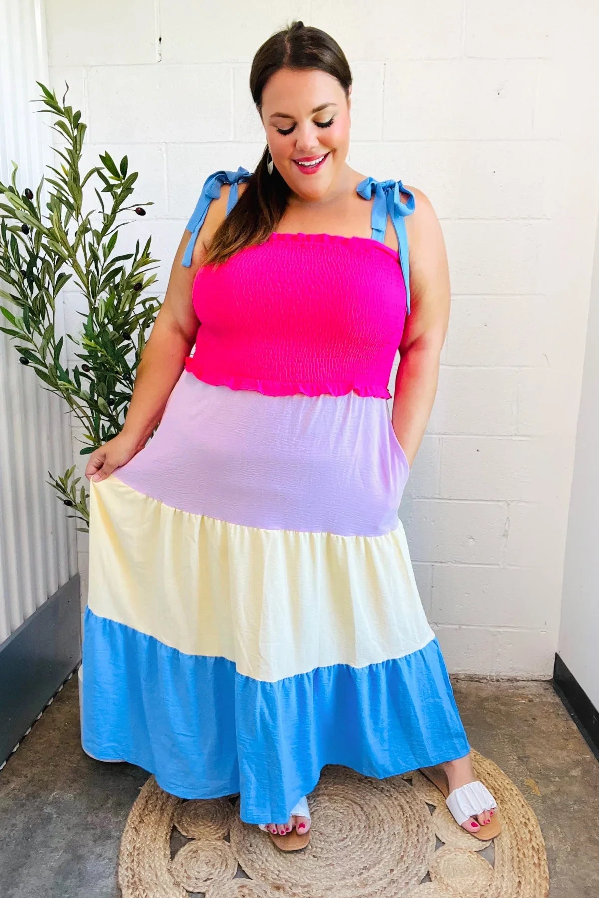 Vacay Vibes Hot Pink & Blue Smocked Color Block Maxi Dress | 2024 Blow-Out Sale Daverri Fashions