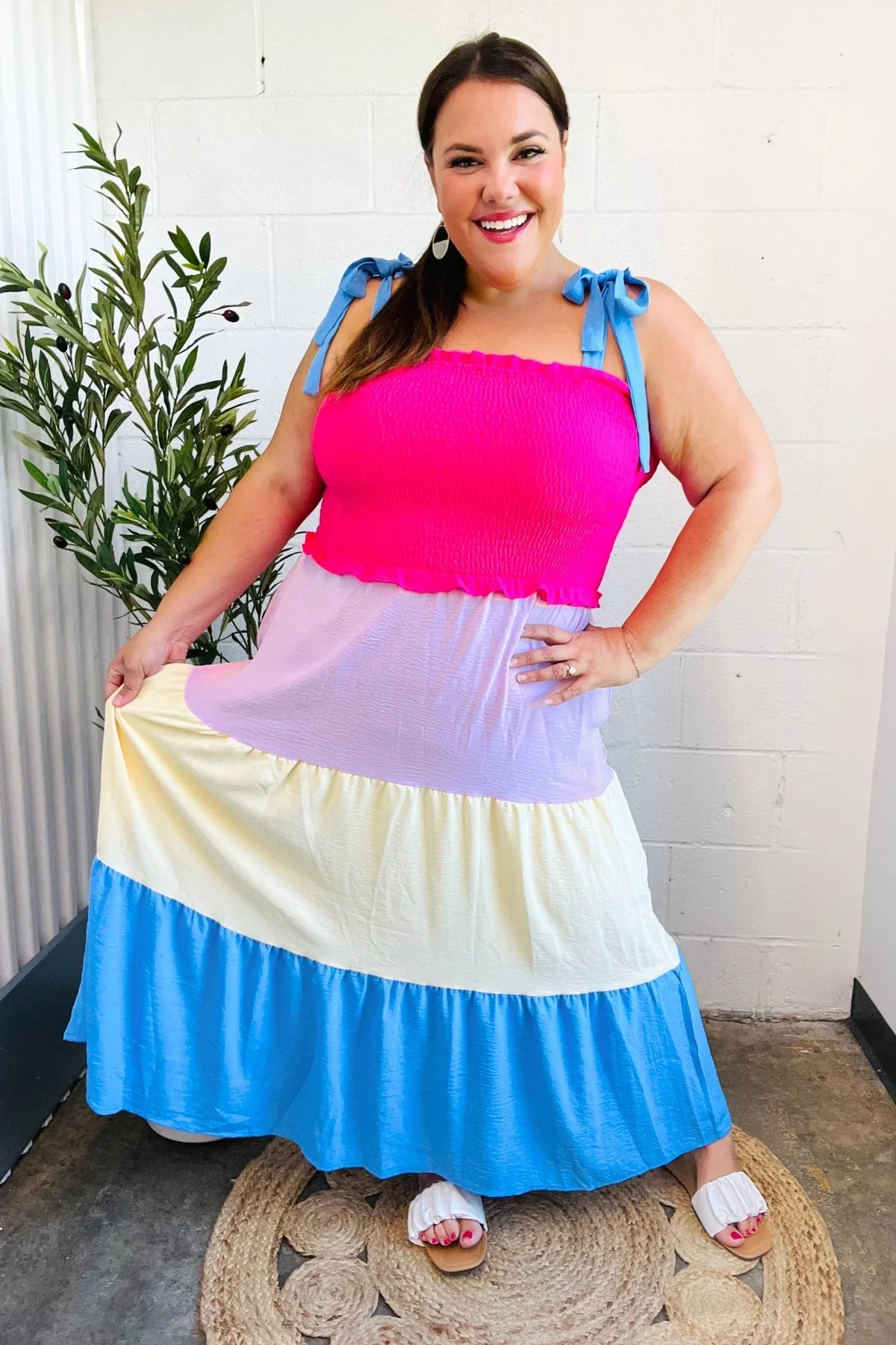 Vacay Vibes Hot Pink & Blue Smocked Color Block Maxi Dress | 2024 Blow-Out Sale Daverri Fashions