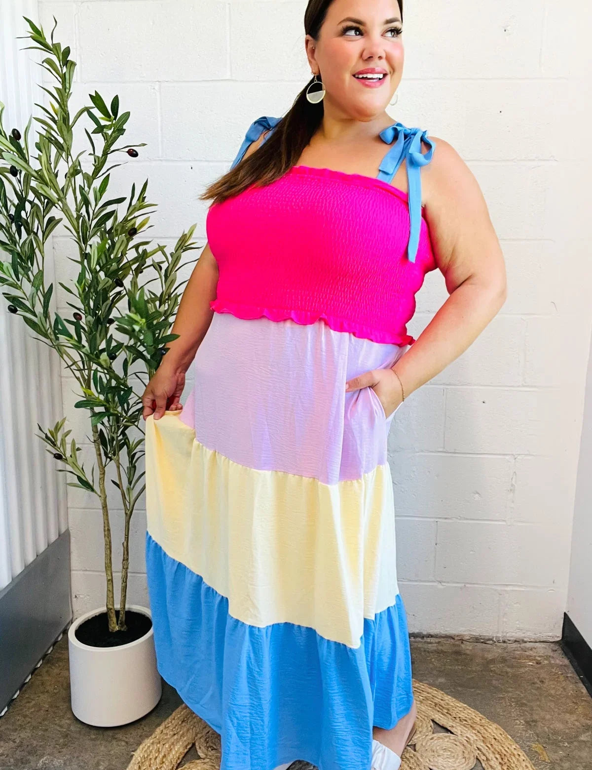 Vacay Vibes Hot Pink & Blue Smocked Color Block Maxi Dress | 2024 Blow-Out Sale Daverri Fashions