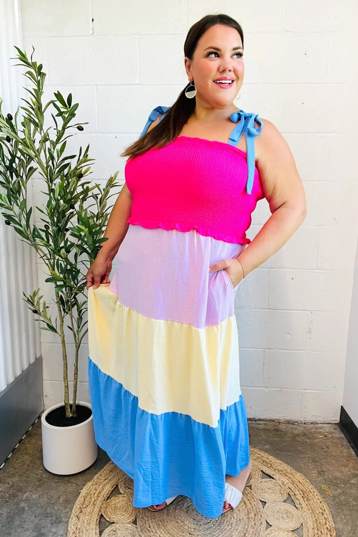 Vacay Vibes Hot Pink & Blue Smocked Color Block Maxi Dress | 2024 Blow-Out Sale Daverri Fashions