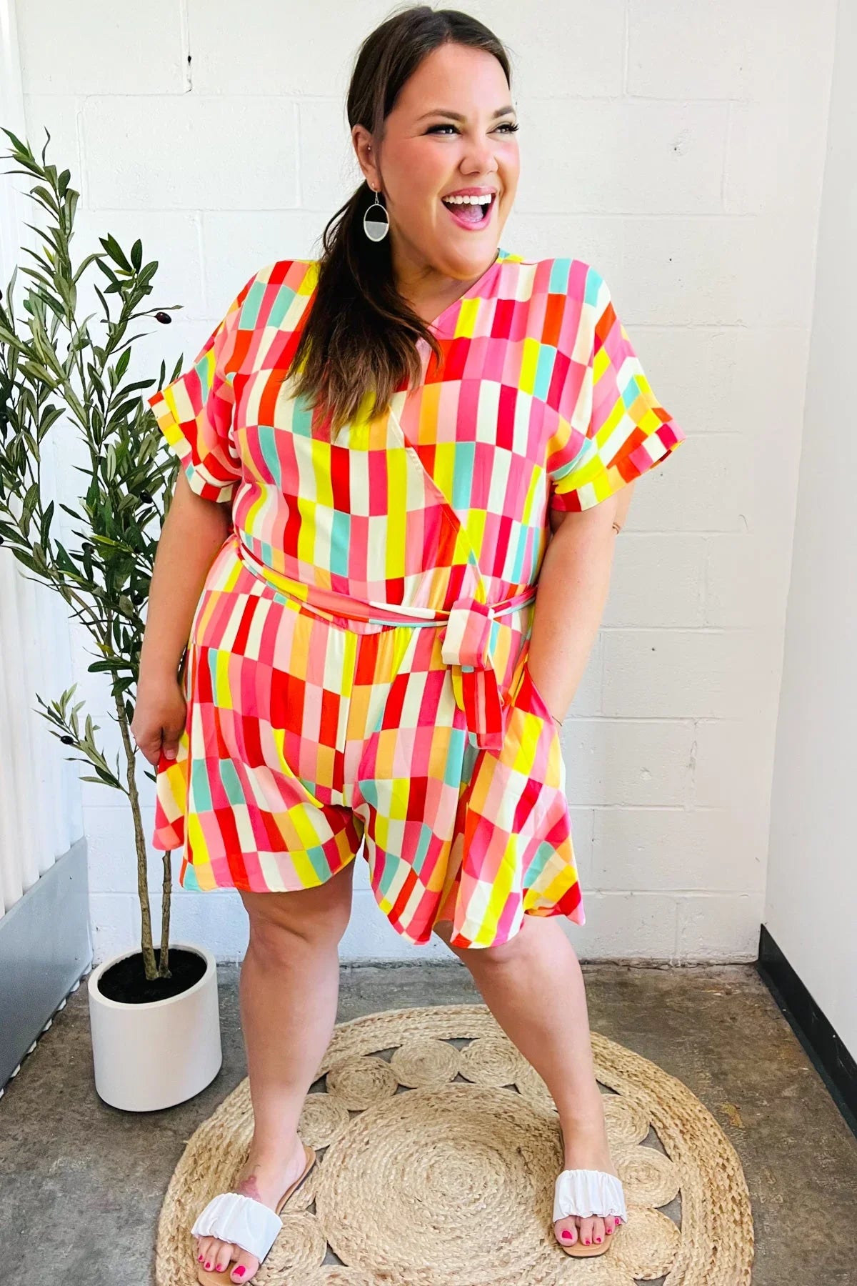 Eyes On You Coral Geo Abstract Surplice Woven Romper | Daverri Fashions