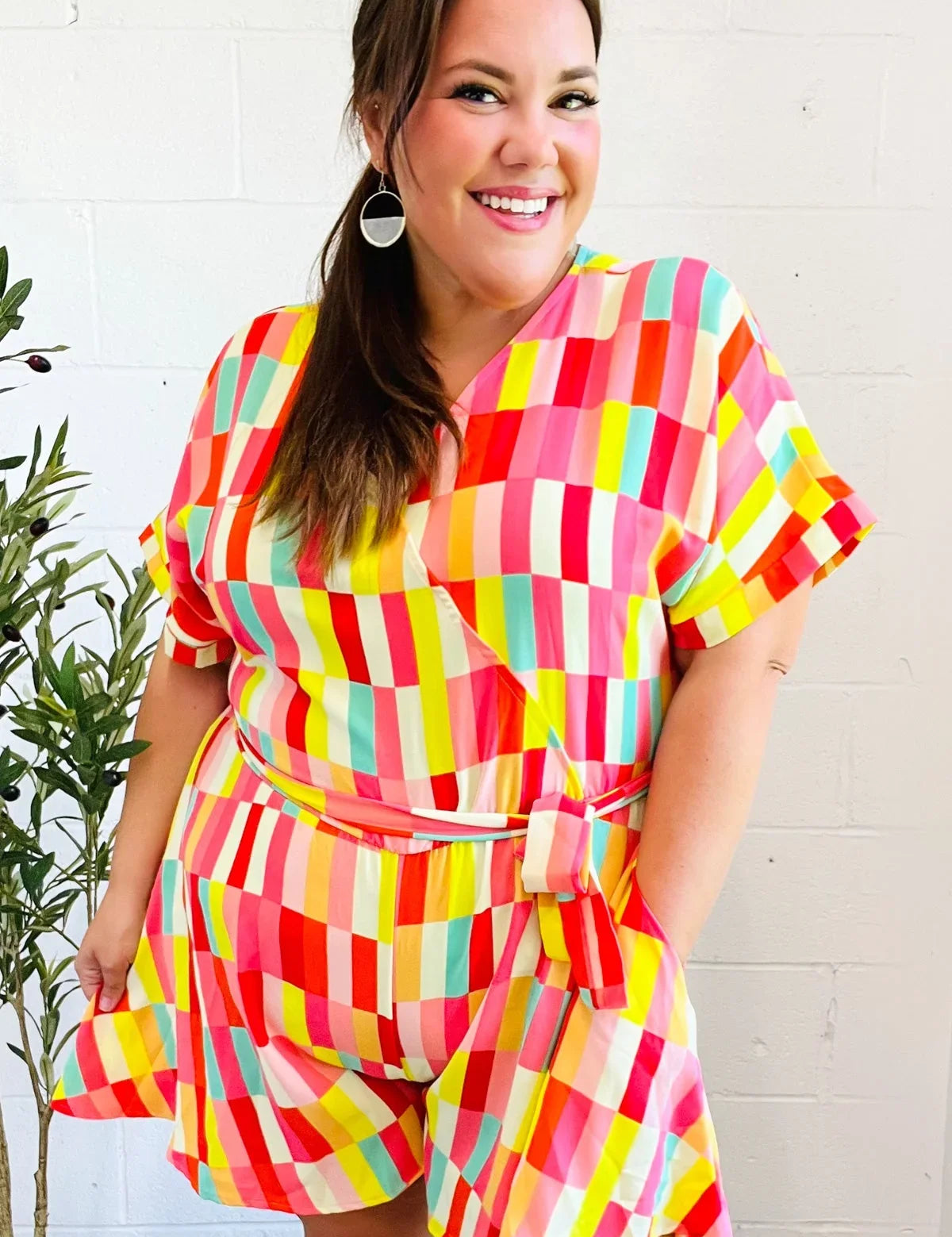 Eyes On You Coral Geo Abstract Surplice Woven Romper | Daverri Fashions