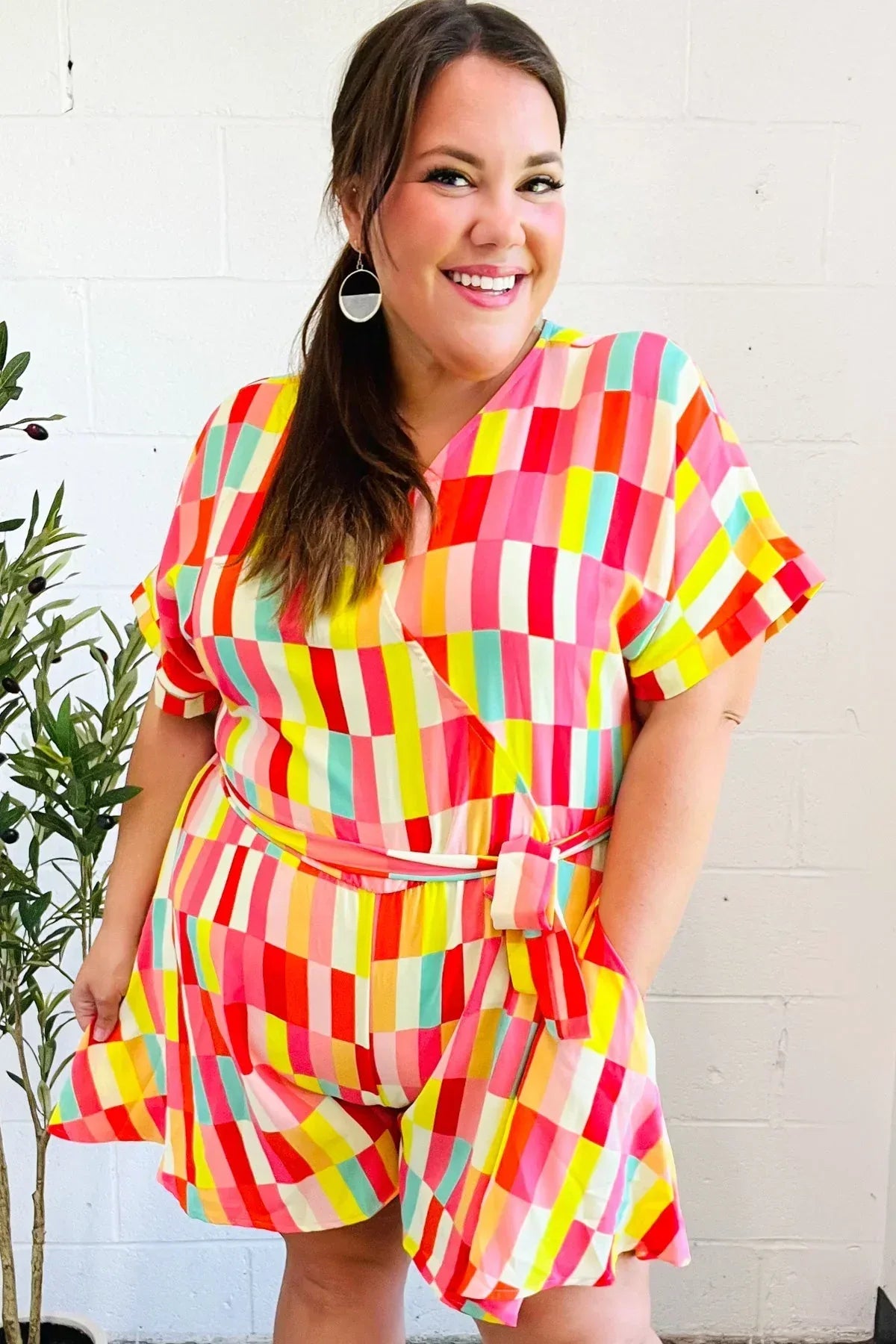 Eyes On You Coral Geo Abstract Surplice Woven Romper - DAVERRI FASHIONS