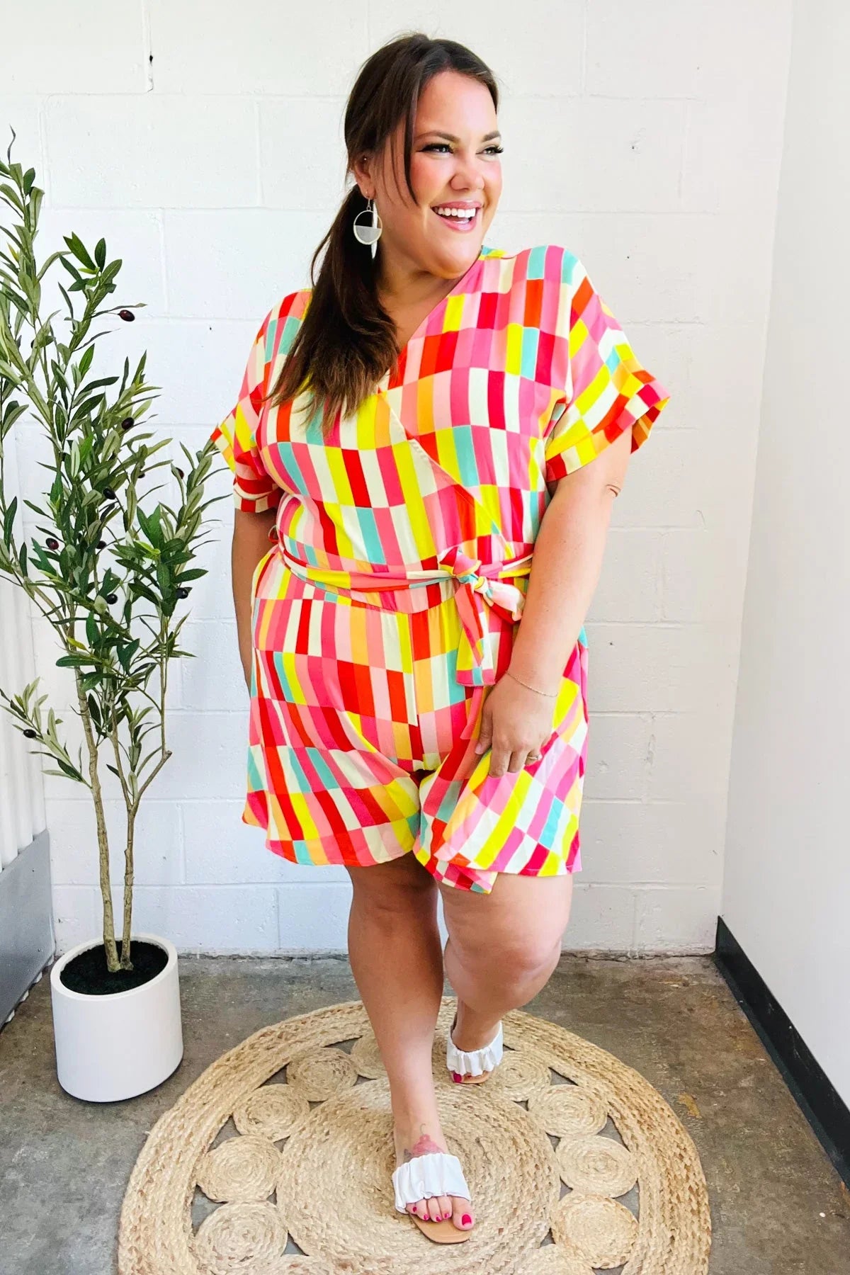 Eyes On You Coral Geo Abstract Surplice Woven Romper | Daverri Fashions