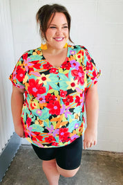 Multicolor Tropical Floral V Neck Drop Shoulder Top | Daverri Fashions