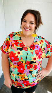 Multicolor Tropical Floral V Neck Drop Shoulder Top | Daverri Fashions