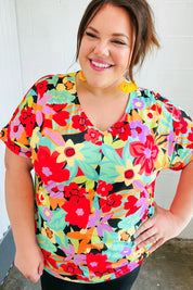 Multicolor Tropical Floral V Neck Drop Shoulder Top | Daverri Fashions