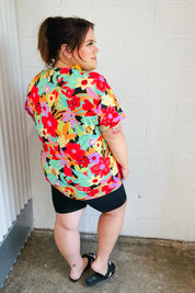 Multicolor Tropical Floral V Neck Drop Shoulder Top | Daverri Fashions