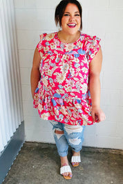 Fuchsia Floral Yoke Flutter Sleeve Back Neck Button Top | Daverri Fashions