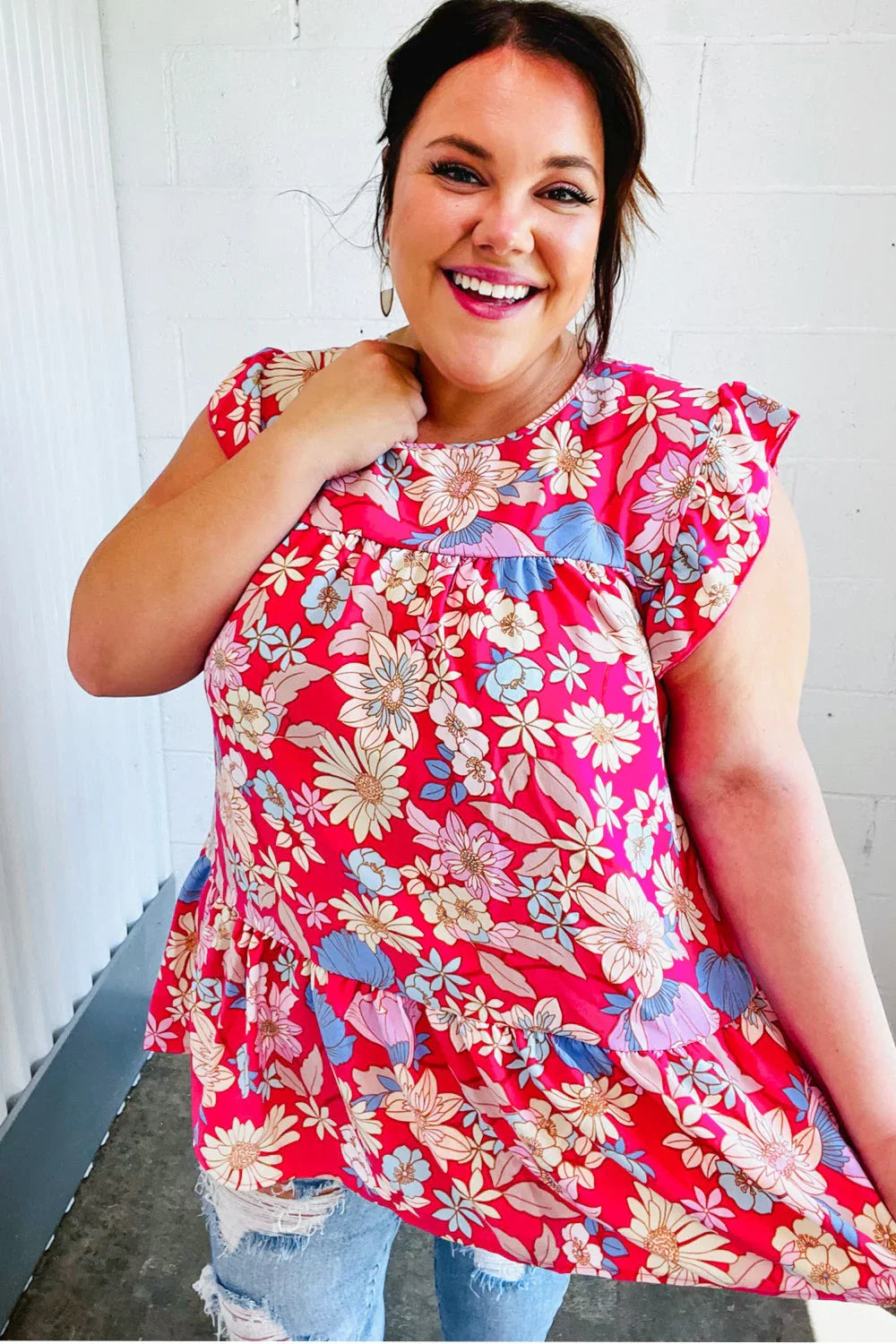 Fuchsia Floral Yoke Flutter Sleeve Back Neck Button Top | Daverri Fashions