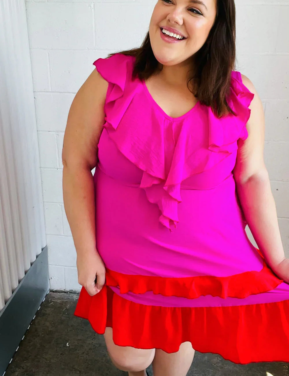 Fuchsia Ruffle V Neck Crepe Tiered Midi Dress | Daverri Fashions