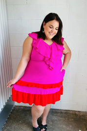 Fuchsia Ruffle V Neck Crepe Tiered Midi Dress | Daverri Fashions