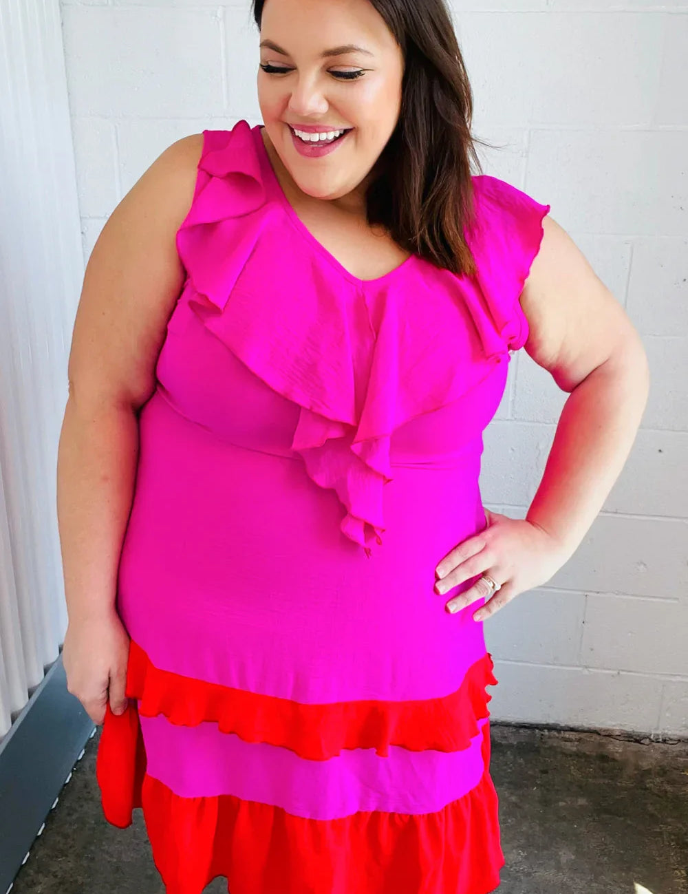 Fuchsia Ruffle V Neck Crepe Tiered Midi Dress | Daverri Fashions