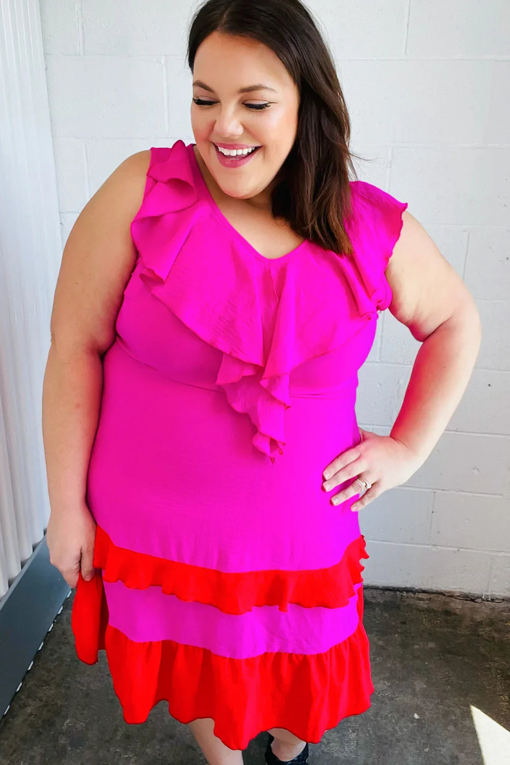 Fuchsia Ruffle V Neck Crepe Tiered Midi Dress | Daverri Fashions
