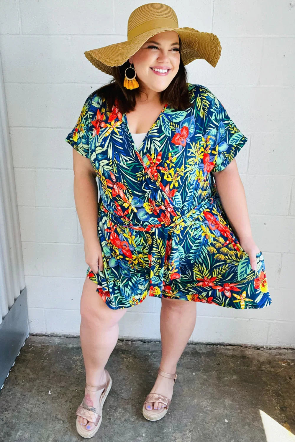Navy Tropical Floral Surplice Romper | 07-01-25 Summer Sale Daverri Fashions