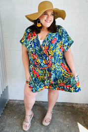 Navy Tropical Floral Surplice Romper | 07-01-25 Summer Sale Daverri Fashions