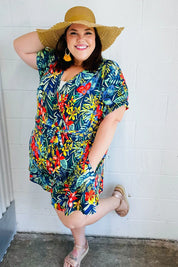Navy Tropical Floral Surplice Romper | 07-01-25 Summer Sale Daverri Fashions
