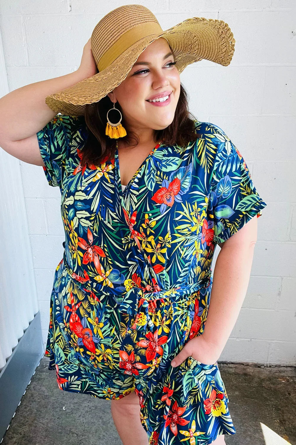Navy Tropical Floral Surplice Romper | 07-01-25 Summer Sale Daverri Fashions