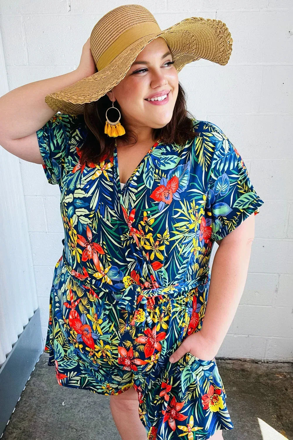 Navy Tropical Floral Surplice Romper - DAVERRI FASHIONS