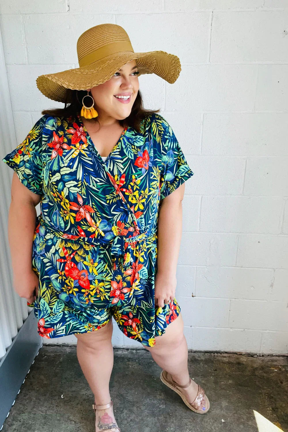 Navy Tropical Floral Surplice Romper | 07-01-25 Summer Sale Daverri Fashions