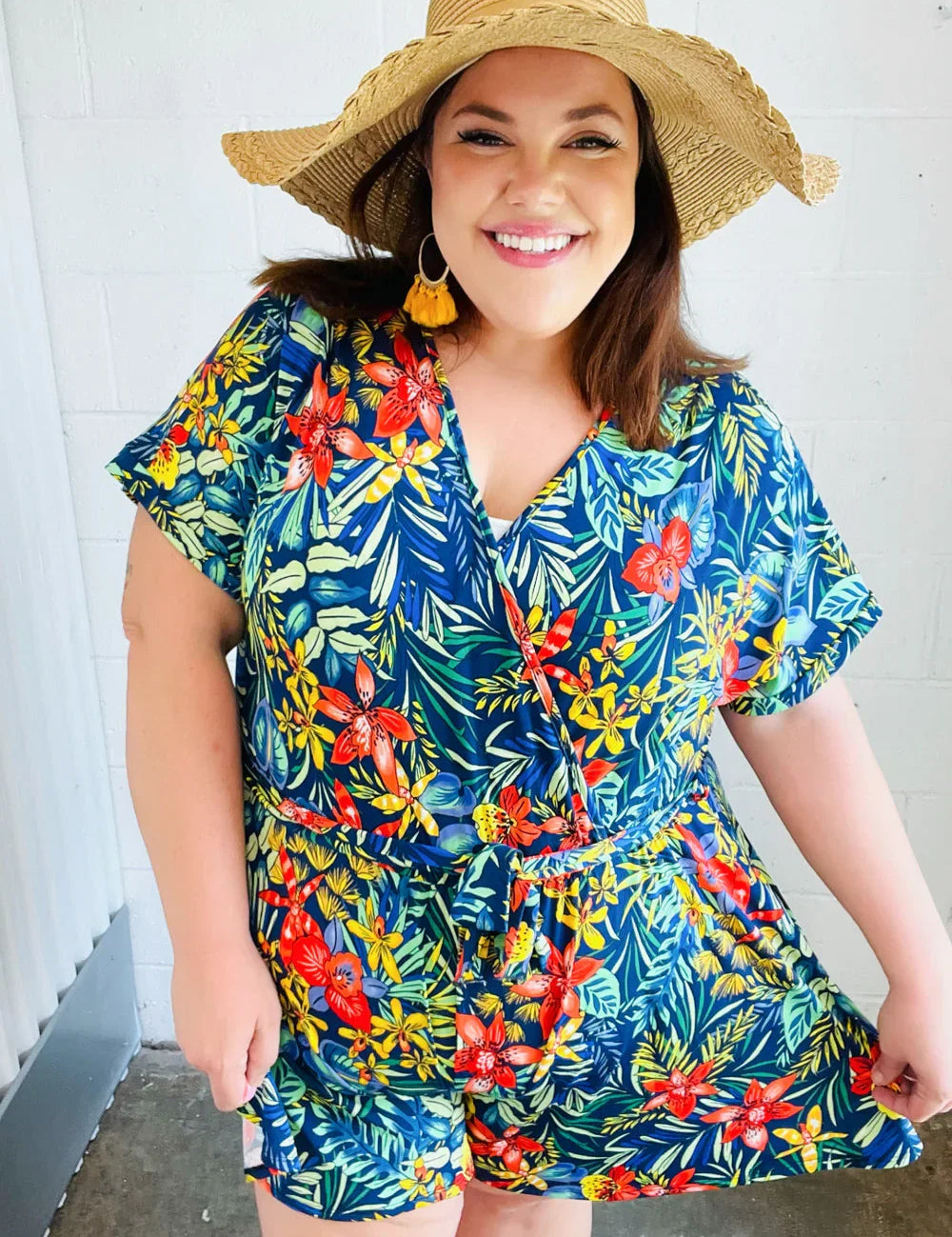 Navy Tropical Floral Surplice Romper | 07-01-25 Summer Sale Daverri Fashions