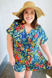 Navy Tropical Floral Surplice Romper | 07-01-25 Summer Sale Daverri Fashions