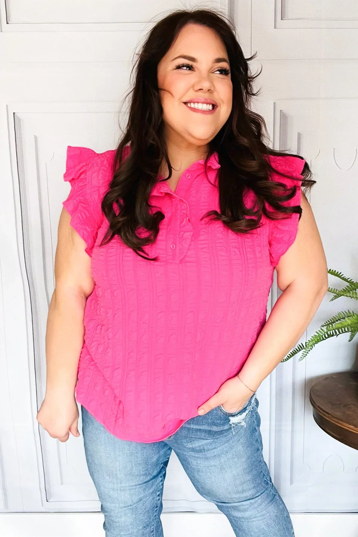 Glamorous In Hot Pink Textured Ruffle Mock Neck Top | Daverri Fashions