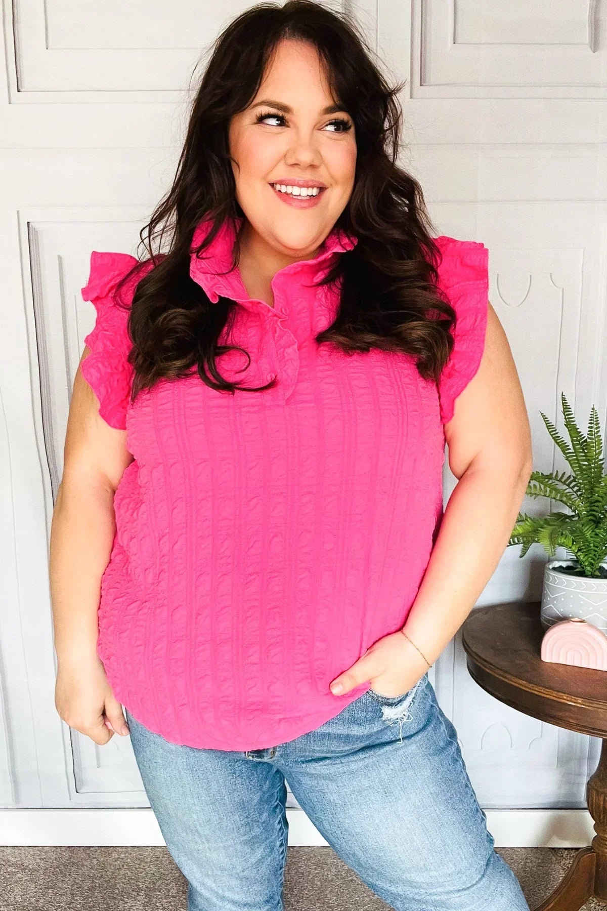 Glamorous In Hot Pink Textured Ruffle Mock Neck Top | Daverri Fashions