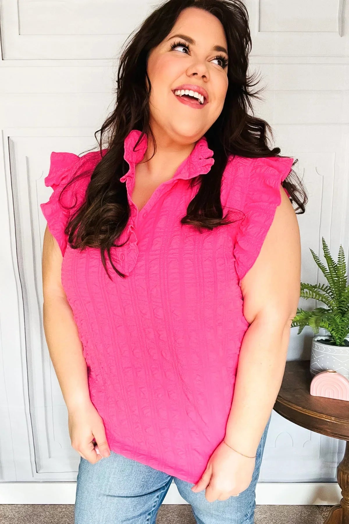 Glamorous In Hot Pink Textured Ruffle Mock Neck Top | Daverri Fashions